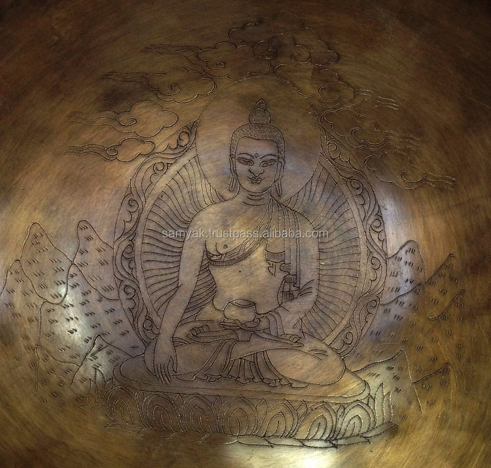 Buddha and Dorje Himalayan Singing Bowl Set Hand Carving Tibetan Mantra Crafted Large Singing Bowl