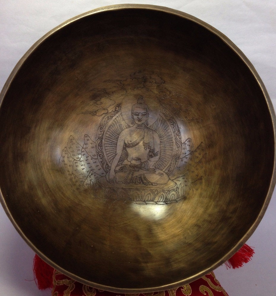 Buddha and Dorje Himalayan Singing Bowl Set Hand Carving Tibetan Mantra Crafted Large Singing Bowl