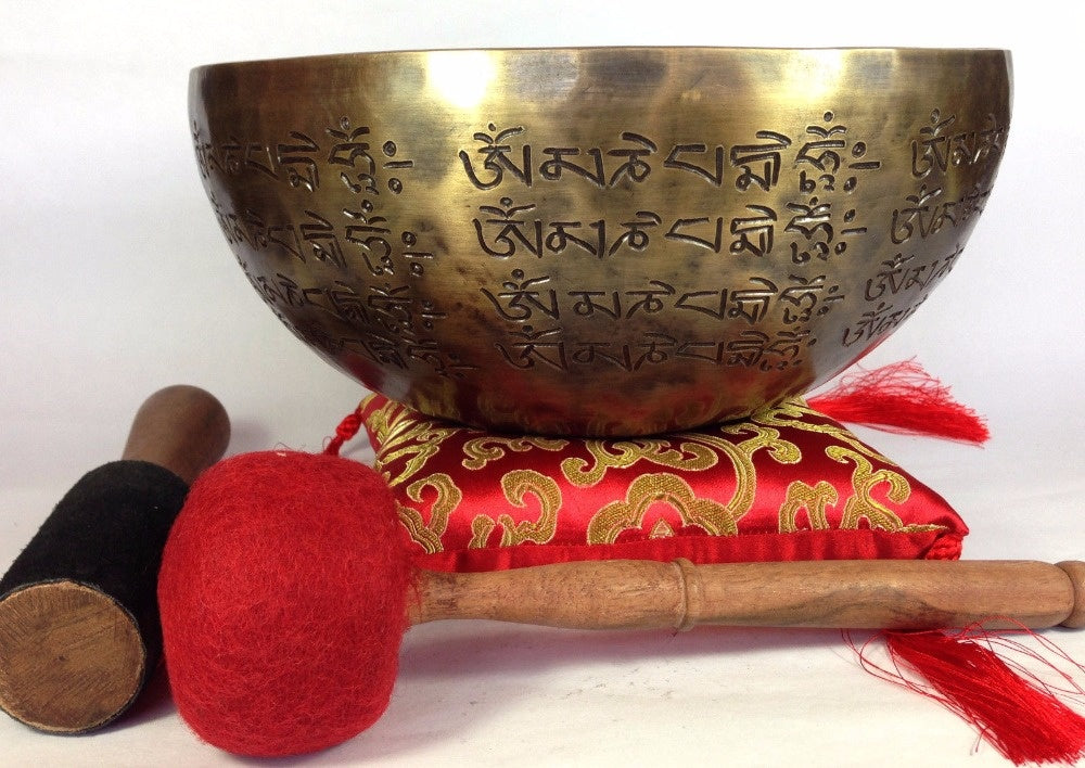 Buddha and Dorje Himalayan Singing Bowl Set Hand Carving Tibetan Mantra Crafted Large Singing Bowl