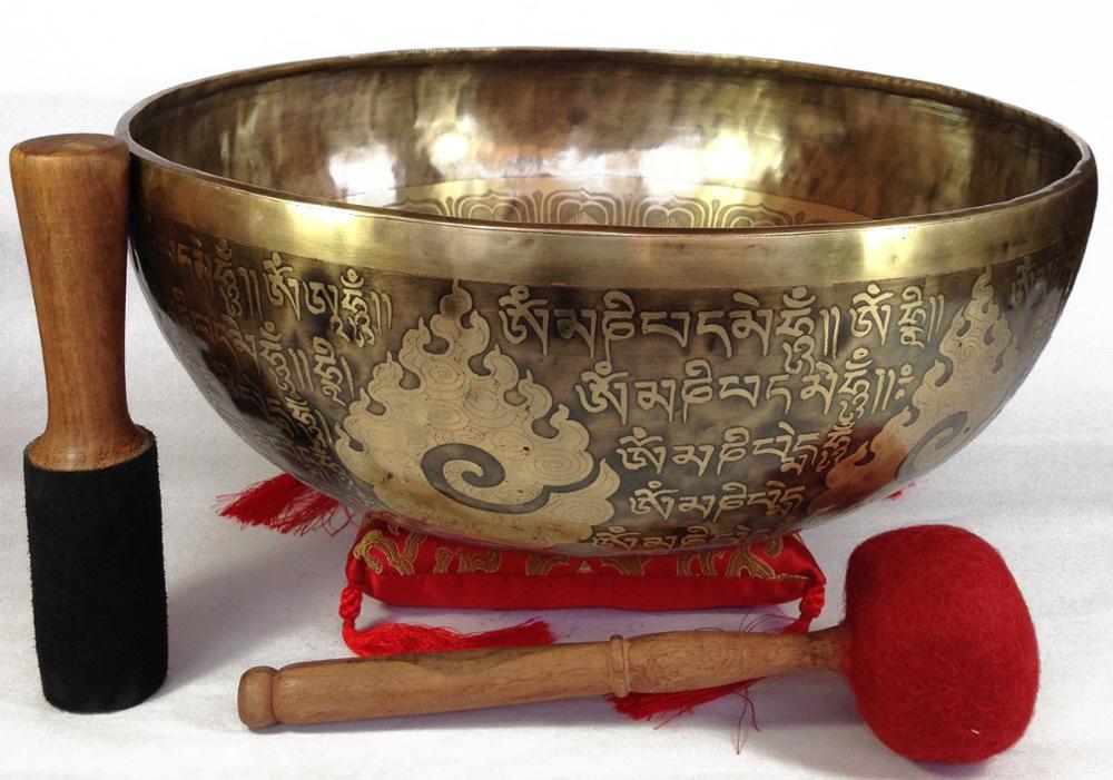 Himalayan Tibetan Singing Bowl Special Mantra Carving Bowls with Cushion & Mallet