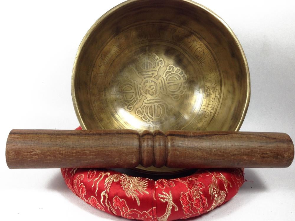 Tibetan Mantra Carved Singing Bowl Double Dorje Etched Manufacture in Nepal