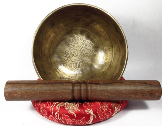 Tibetan Mantra Carved Singing Bowl Double Dorje Etched Manufacture in Nepal