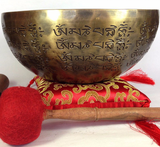 Buddha and Dorje Himalayan Singing Bowl Set Hand Carving Tibetan Mantra Crafted Large Singing Bowl